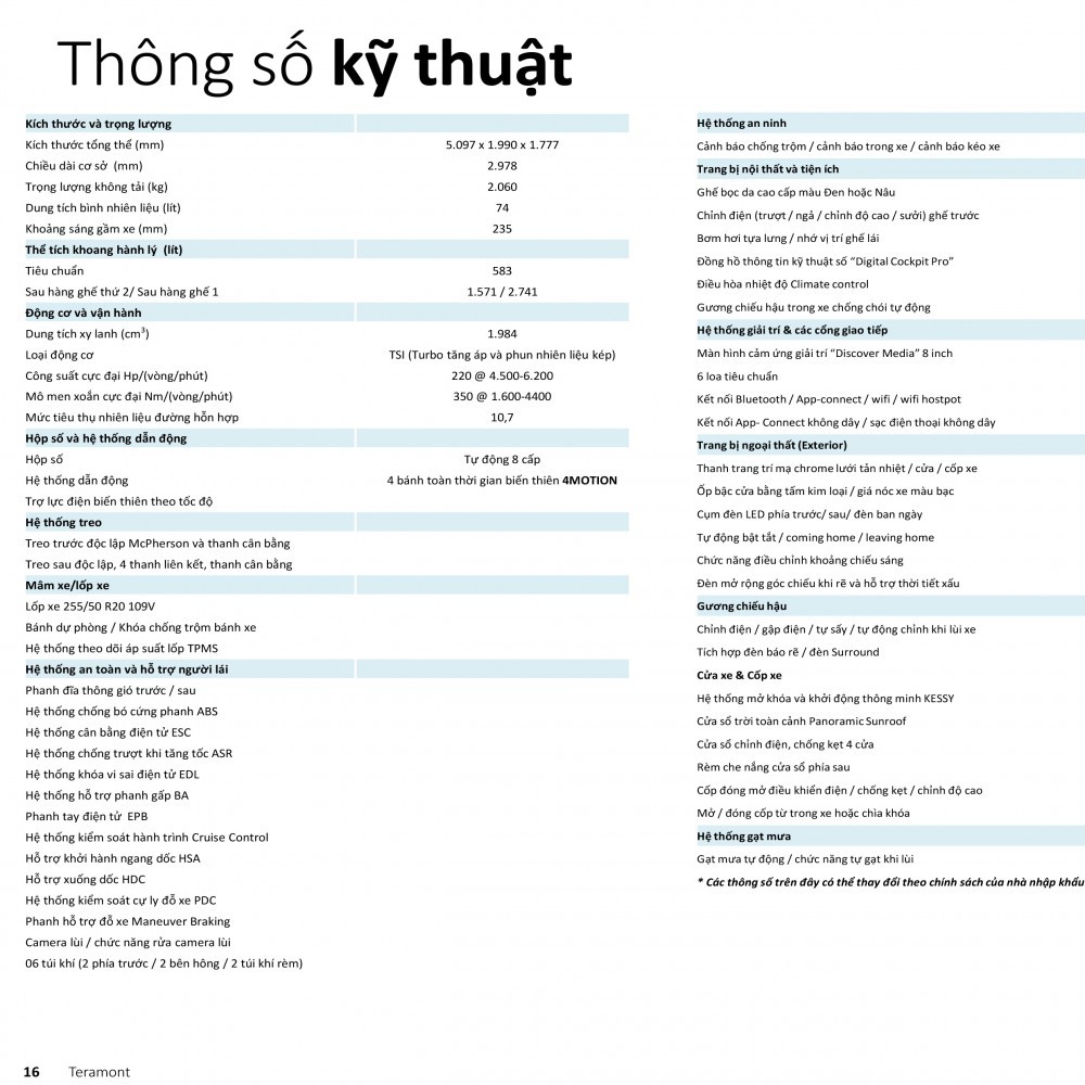 thông số kỹ thuật volkswagen teramont